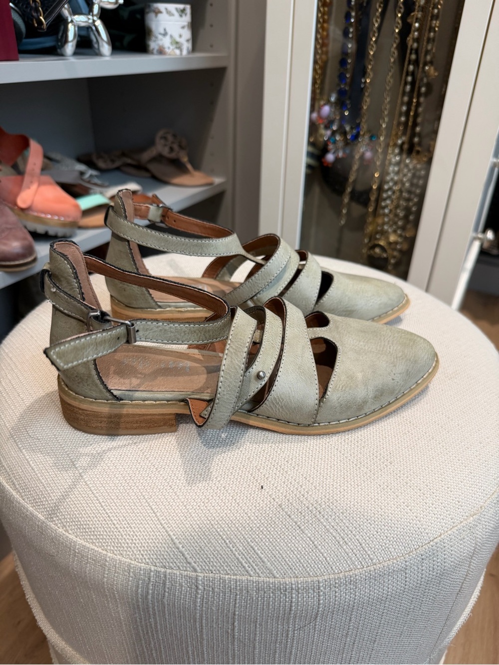Strappy Flats in Sage Green with Ankle Buckle